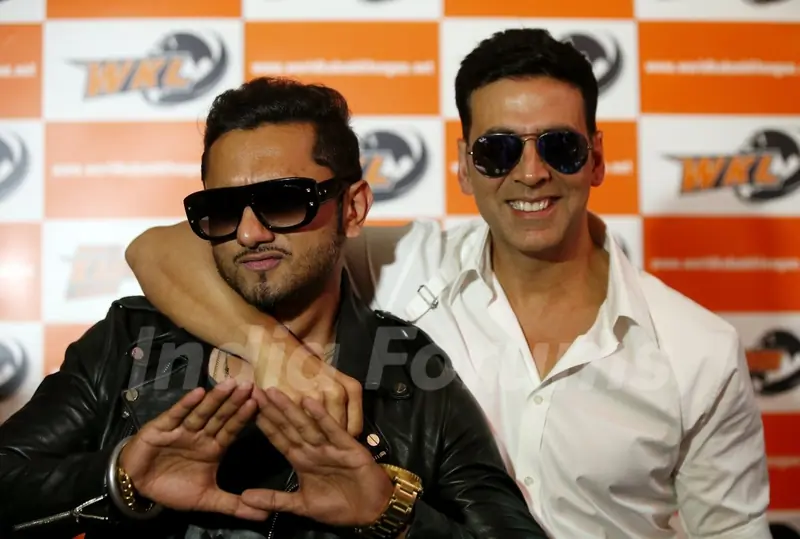 Akshay Kumar and Honey Singh pose for the media at the Launch of World kabaddi League in London