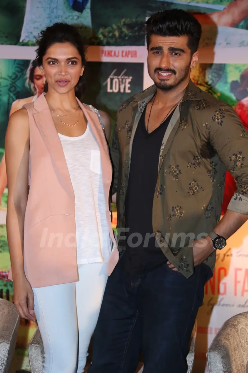 Arjun Kapoor and Deepika Padukone pose for the media at the Press Meet of Finding Fanny in Hyderabad