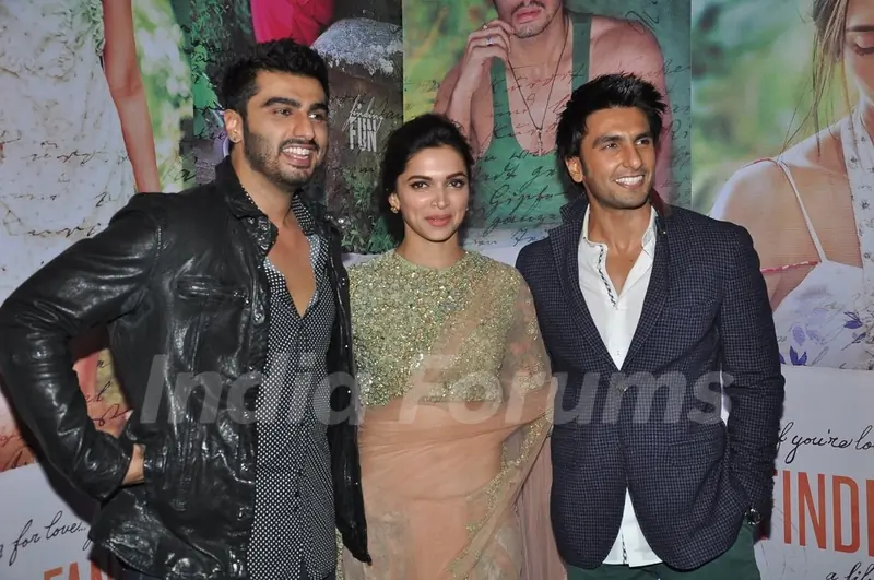 Arjun Kapoor, Deepika Padukone and Ranveer Singh pose for the media at Success Bash of Finding Fanny