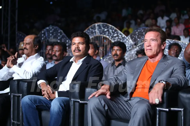 Rajnikhanth and Arnold Schwarzenegger spotted at the Audio Launch of the Movie "I"