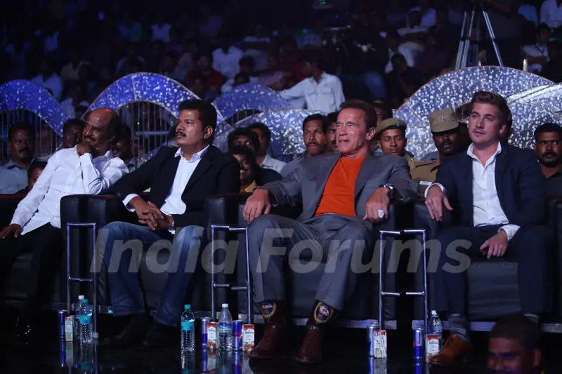 Rajnikhanth and Arnold Schwarzenegger spotted at the Audio Launch of the Movie "I"