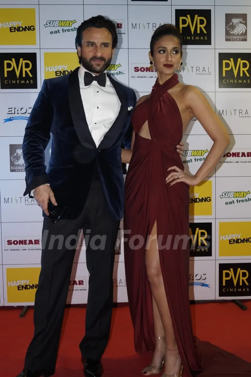 Saif Ali Khan and Ileana D'Cruz pose for the media at the Premier of Happy Ending in Delhi