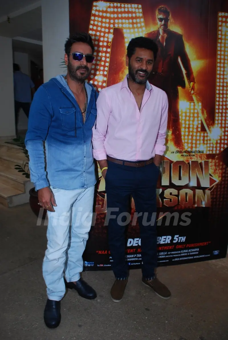 Ajay Devgn and Prabhu Deva pose for the media at the Song Launch of Action Jackson
