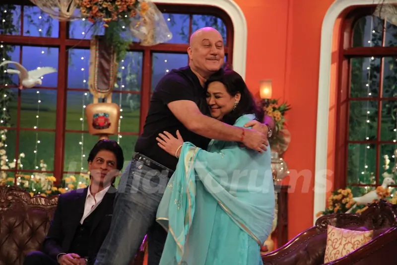 Anupam Kher gives Farida Jalal a hug during the Celebration of DDLJ's 1000th week Completion