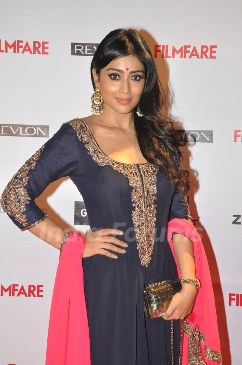 Shreya Saran poses for the media at Filmfare Nominations Bash