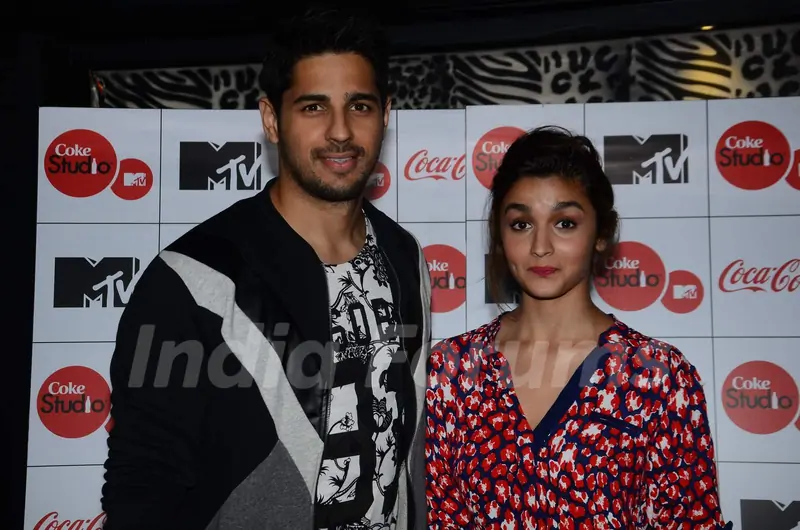 Alia Bhatt and Sidharth Malhotra pose for the media at the Launch of MTV Coke Studio