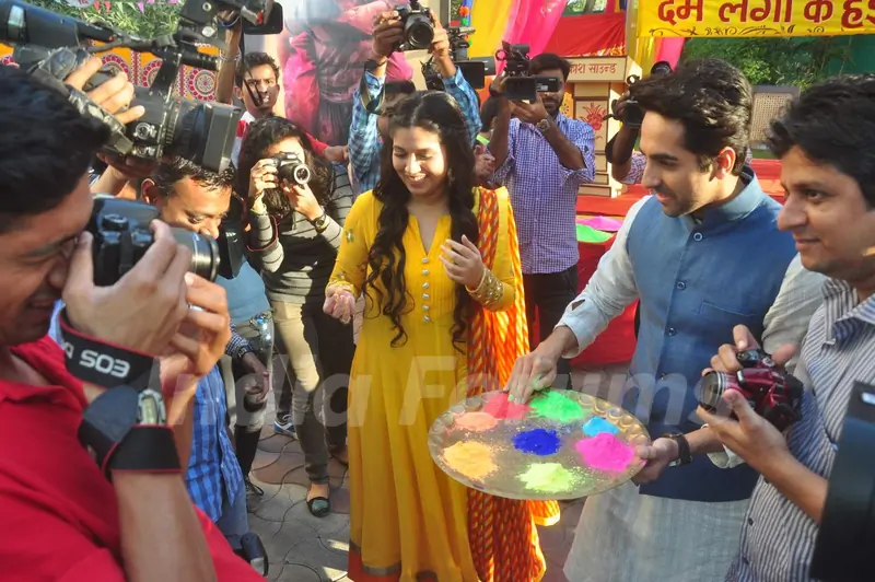 Ayushmann Khurrana and Bhumi Pednekar Celebrate Holi with the media