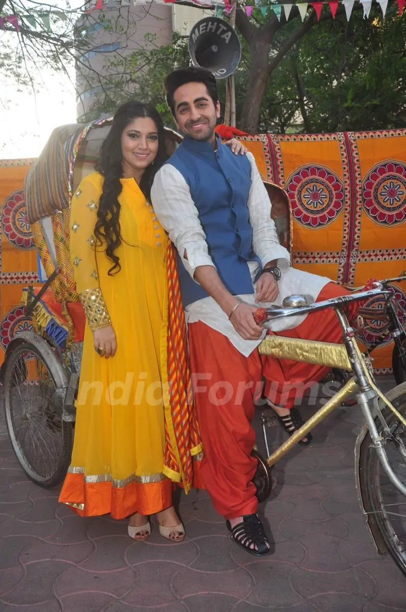 Ayushmann Khurrana and Bhumi Pednekar pose for the media at the Holi Celebrations
