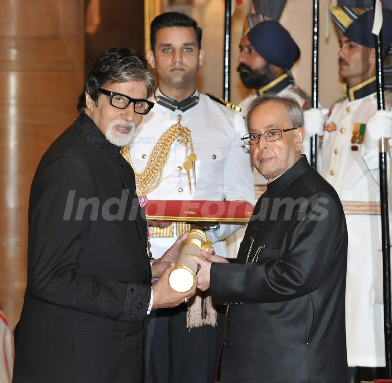 Amitabh Bachchan Receiving Padma Vibhushan from Honourable President Pranab Mukherjee