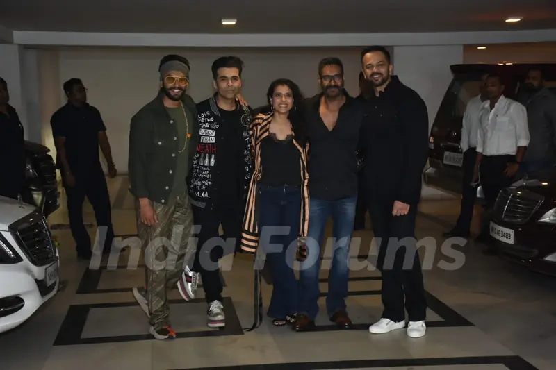 Ranveer Singh, Karan Johar, Kajol, Rohit Shetty and Ajay Devgn at Simmba success bash