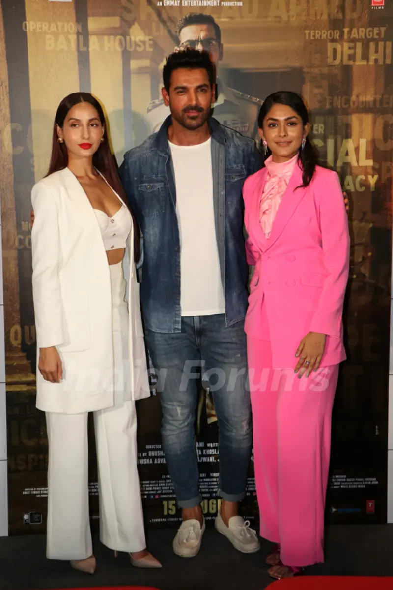 John Abraham, Nora Fatehi and Mrunal Thakur were snapped at the trailer launch of Batla House