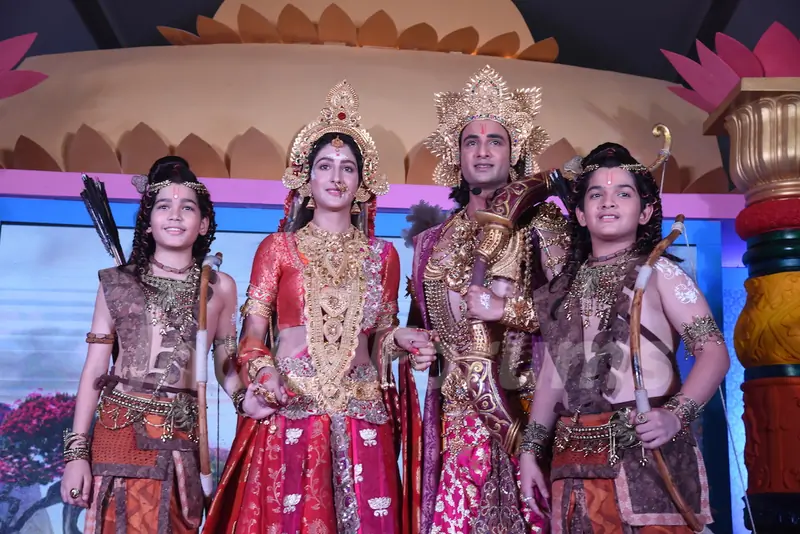 Harshit Kabra as Luv, Himanshu Soni as Lord Ram, Shivya Pathania as Sita and Krish Chauhan as Kush at the launch of COLORS' Ram Siya Ke Luv Kush at Guptar Ghat in Ayodhya