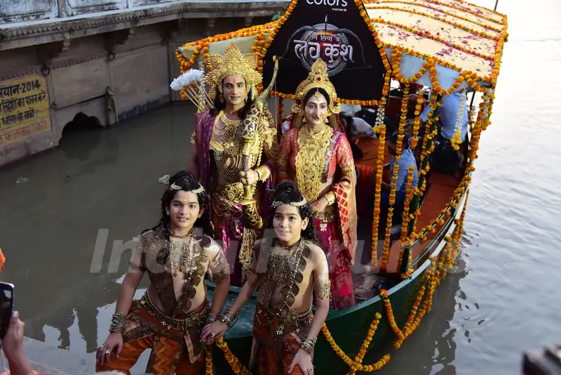 Himanshu Soni as Lord Ram, Shivya Pathania as Sita, Krish Chauhan as Kush and Harshit Kabra as Luv at the launch of COLORS' Ram Siya Ke Luv Kush at Guptar Ghat in Ayodhya