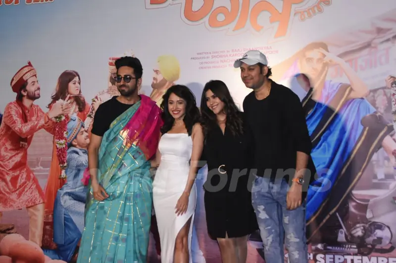 Ayushmann Khurrana, Ekta Kapoor, Nushrat Bharucha along with director Raaj Shaandilyaa snapped during the Dream Girl trailer launch