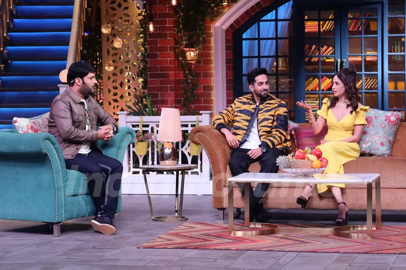 Ayushaman Khurrana and Nusrat Bharucha with Kapil Sharma on the sets of The Kapil Sharma Show