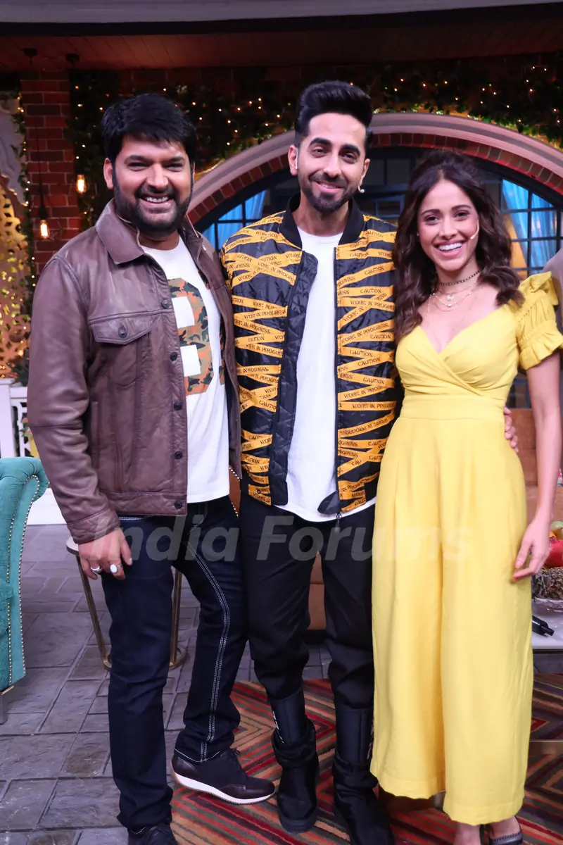 Ayushaman Khurrana and Nusrat Bharucha with Kapil Sharma  on the sets of The Kapil Sharma Show