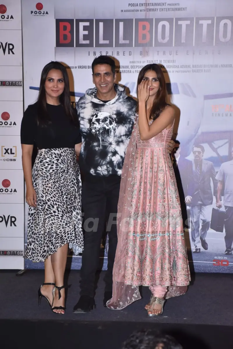 Lara Dutta, Akshay Kumar, and Vaani Kapoor at Bell Bottom trailer launch in Delhi