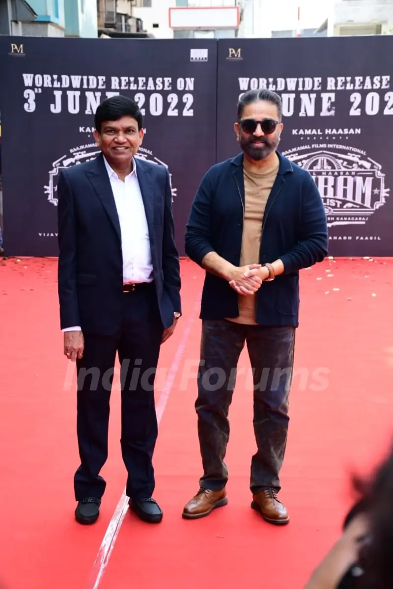 Kamal Hassan and Jayantilal Gada spotted at the press conference for his upcoming film Vikram 