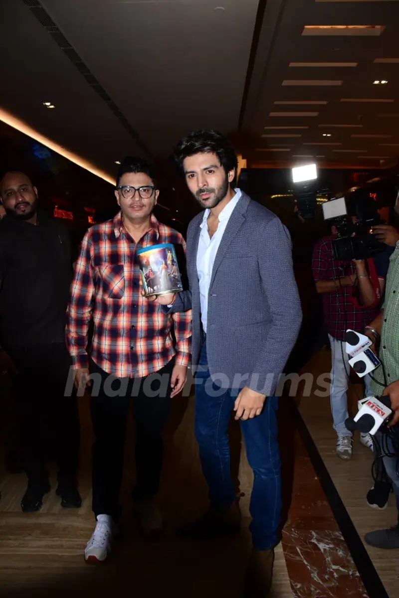 Kartik Aaryan and Bhushan Kumar spotted at the special screening of Bhool Bhulaiyaa 2 for the kids of Cry Foundation