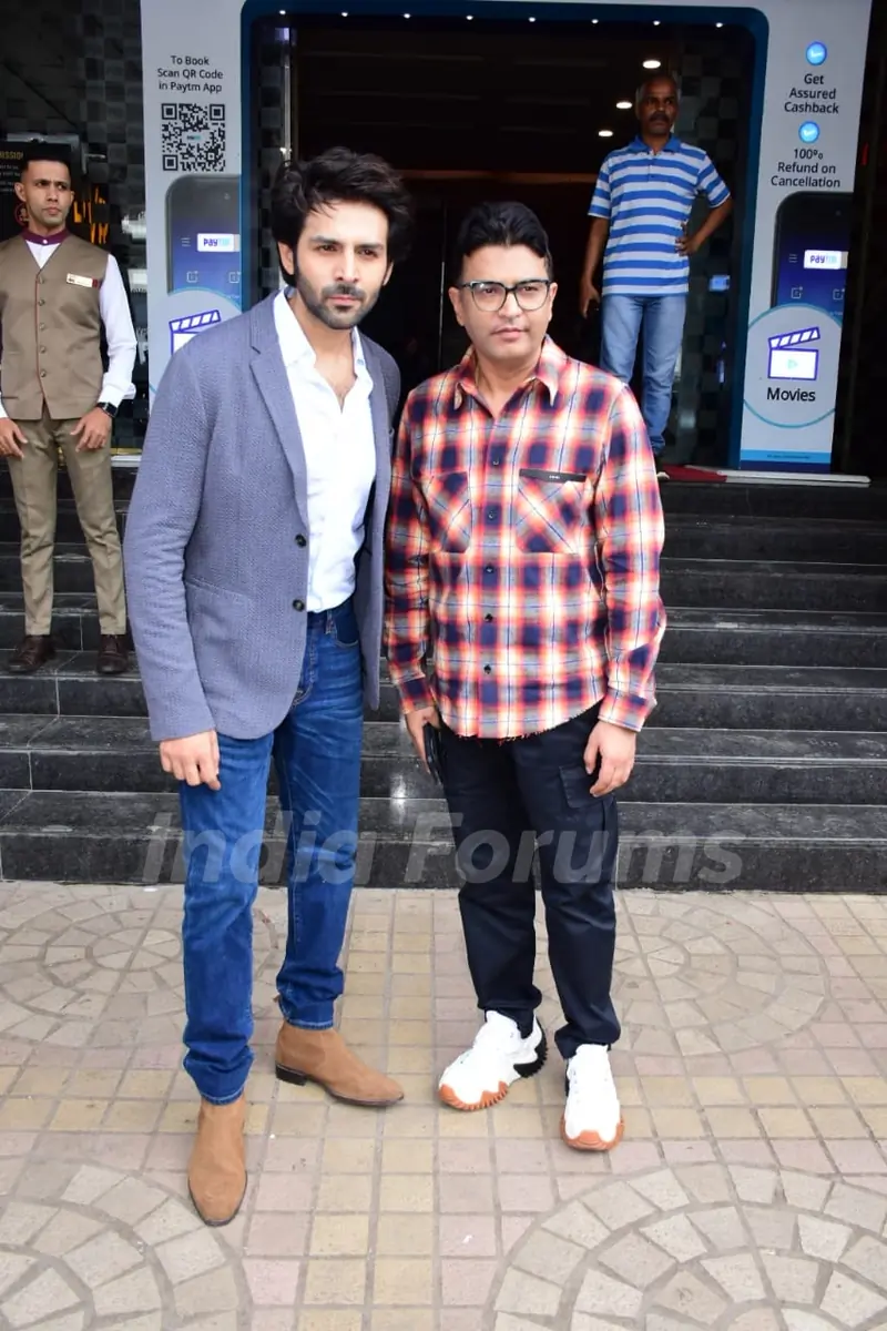 Kartik Aaryan and Bhushan Kumar spotted at the special screening of Bhool Bhulaiyaa 2 for the kids of Cry Foundation