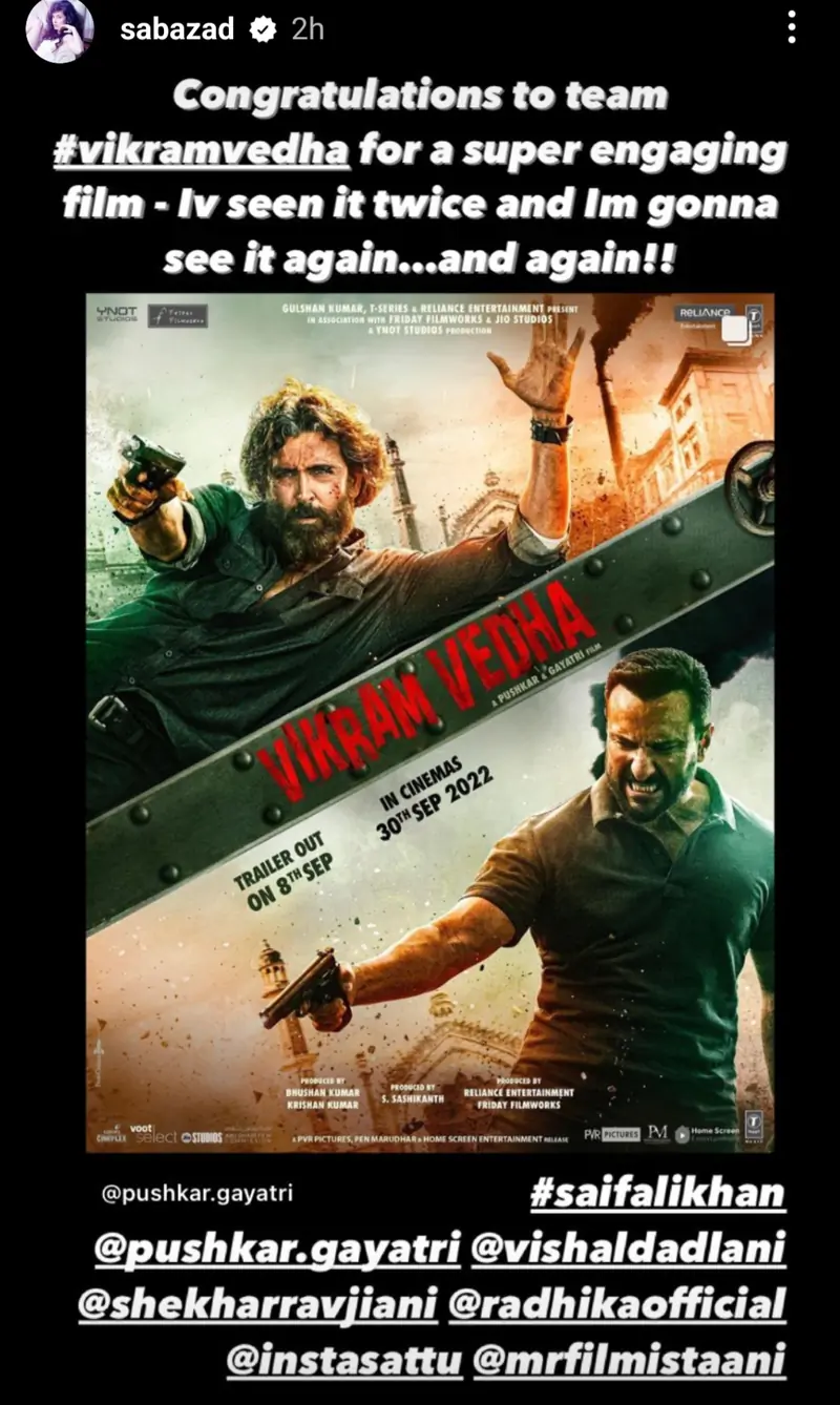 Saba Azad's Instagram story