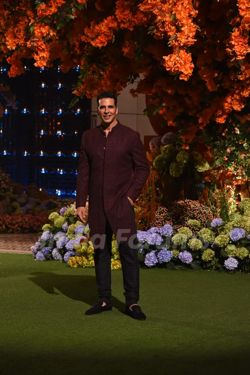 Akshay Kumar wore a maroon kurta as he arrived for Radhika Merchant and Anant Ambani’s engagement ceremony