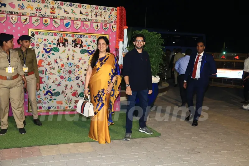 Aditya Thackeray and Rashmi Thackeray snapped at the Jamnagar airport