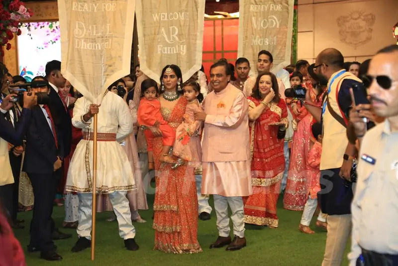 Mukesh Ambani and Isha Ambani snapped Anant Ambani and Radhika Merchant’s Mameru Ceremony in Antilia, Mumbai