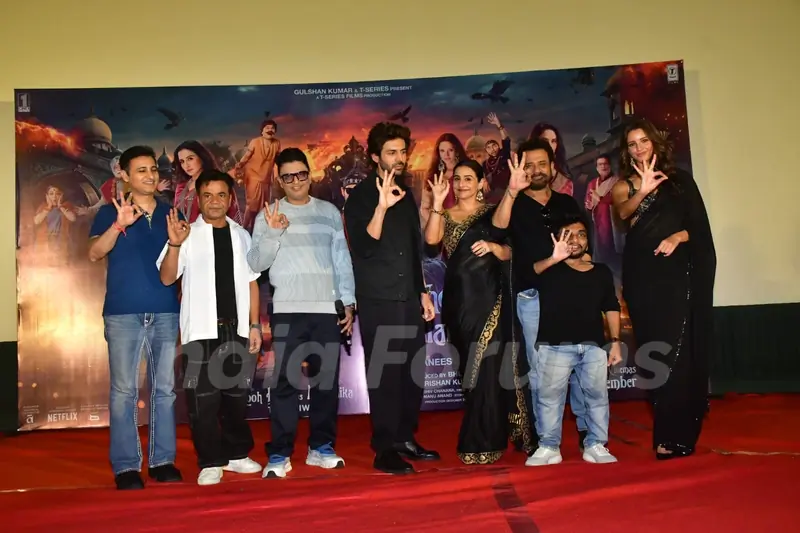 Vidya Balan, Rajpal Yadav, Bhushan Kumar, Anees Bazmee, Kartik Aaryan and Triptii Dimri snapped at the trailer launch of ‘Bhool Bhulaiyaa 3’ at Raj Mandir in Jaipur