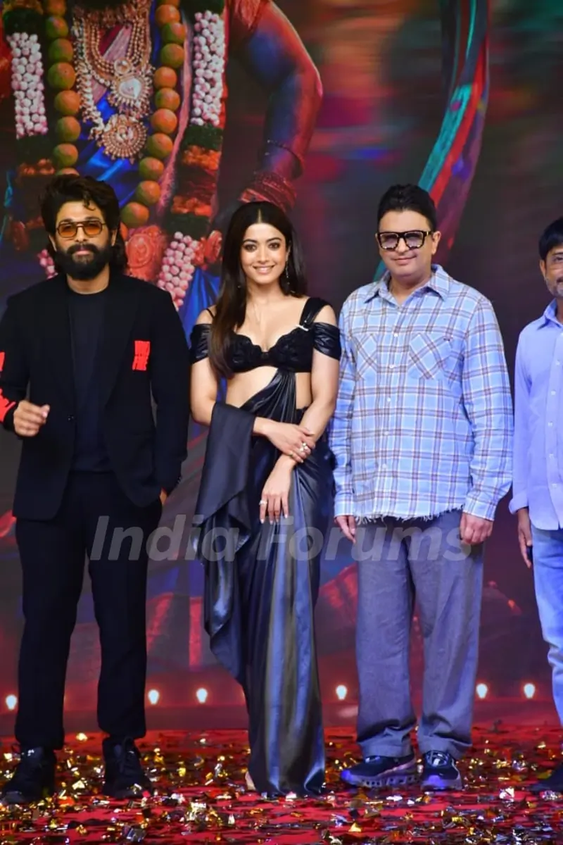 Allu Arjun, Bhushan Kumar and Rashmika Mandanna attend the press conference of 'Pushpa 2: The Rule'