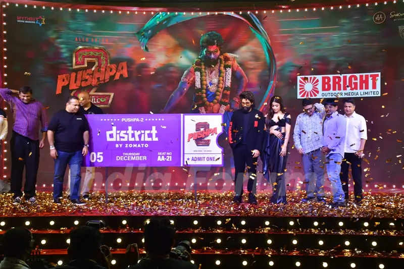 Allu Arjun, Bhushan Kumar and Rashmika Mandanna attend the press conference of 'Pushpa 2: The Rule'