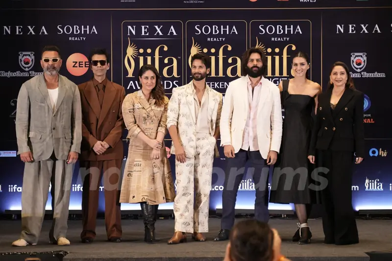 Bobby Deol, Kareena Kapoor, Karan Johar, Madhuri Dixit, Shahid Kapoor, Kriti Sanon and Kartik Aaryan attend the IIFA Press Conference 2025