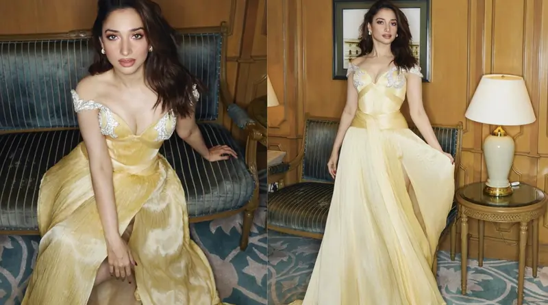 Tamannaah Bhatia masters modern glamour in sculpted gown with a bold slit