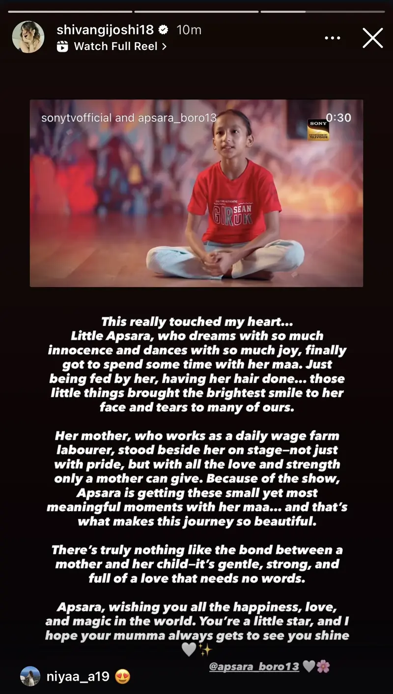 Shivangi Joshi pens emotional note after watching little Apsara’s moment with her mother on Super Dancer 5