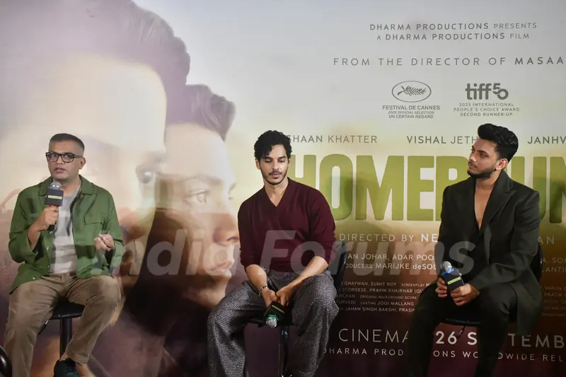 Ishaan Khatter, Vishal Jethwa and Neeraj Ghaywan snapped at the Homebound press conference