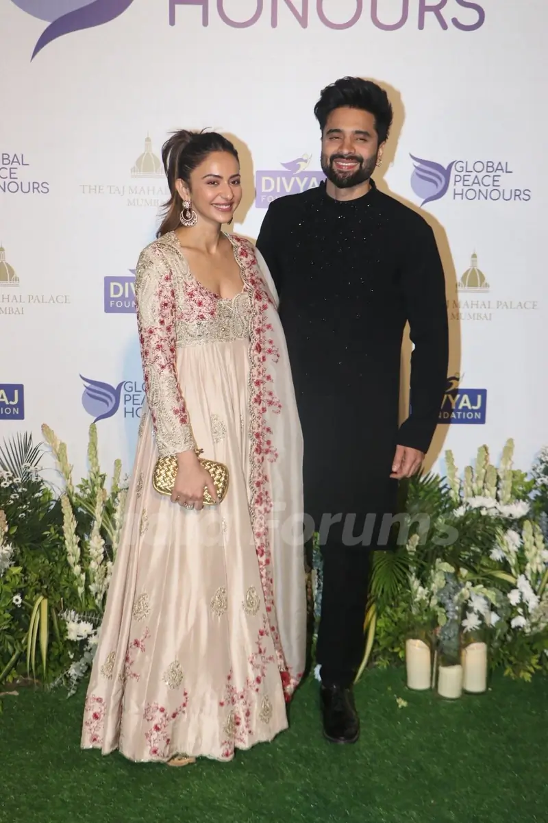 Jackky Bhagnani and Rakul Preet Singh snapped attending the walk of Honour at the Global Peace Honours 2025