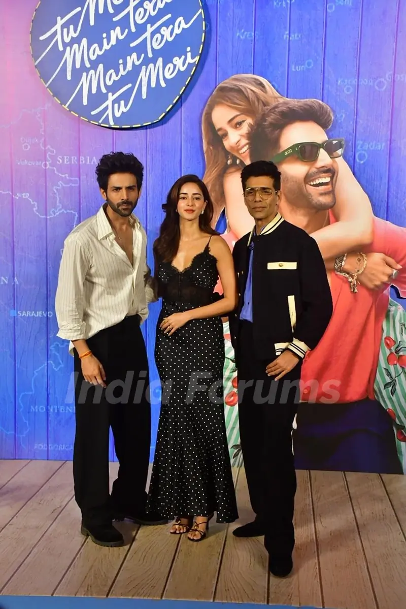 Karan Johar, Kartik Aaryan and Ananya Panday snapped at the trailer launch of Tu Meri Main Tera Main Tera Tu Meri