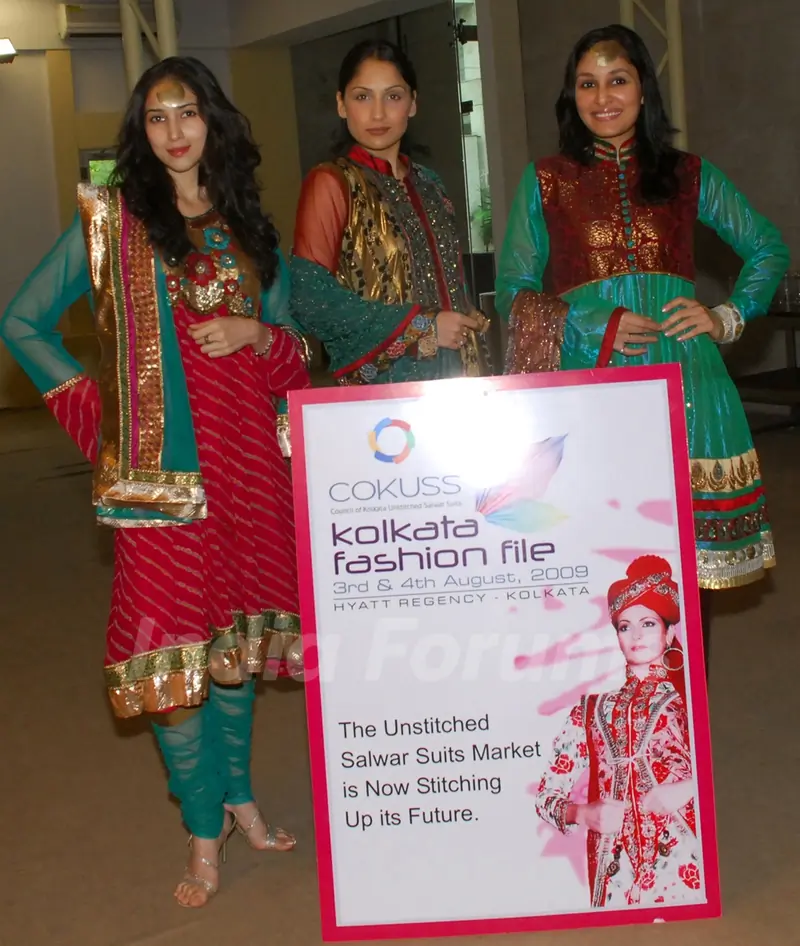 Models are display the Salwar Suits at a press conferance organised by Council of Kolkata Unstitched Salwar Suits (COKUSS) in Kolkata on Monday 3rd aug 09 COKUSS is organised a two days interactive buyer-seller forum - Kolkata Fashion File in