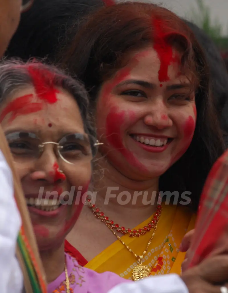 Sindur play is the festival of Vijaya Dashami Durgapuja All the married house wives play with sindur at puja pandel Kolkata on Monday 28th Sep 09