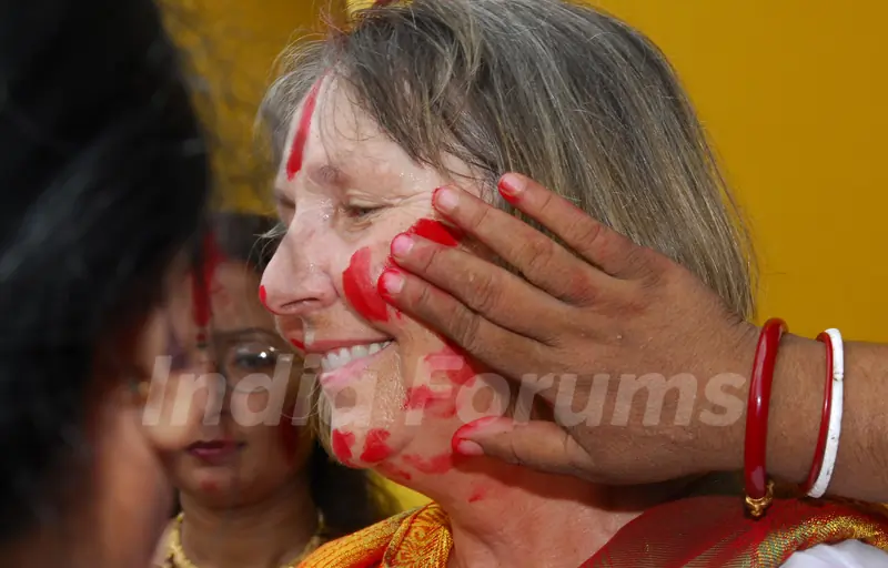 Sindur play is the festival of Vijaya Dashami Durgapuja All the married house wives play with sindur at puja pandel Kolkata on Monday 28th Sep 09
