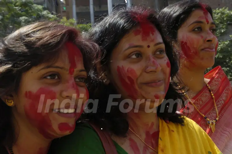 Vermilion ceremony on the last day of Durga Puja (Photo: Partha Sarkar, IANS)