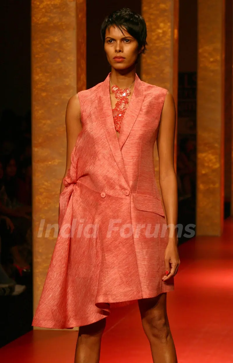 A model showcasing designer Rajesh Pratap Singh''s creation at the Wills Lifestyle India Fashion week in New Delhi on Sunday