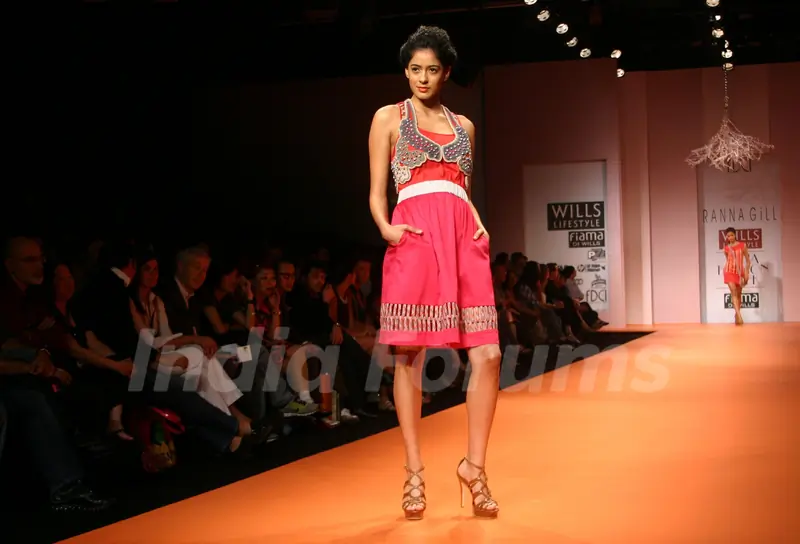 A model showcasing designer Rana Gill creation at the Wills Lifestyle India Fashion week in New Delhi on Sunday