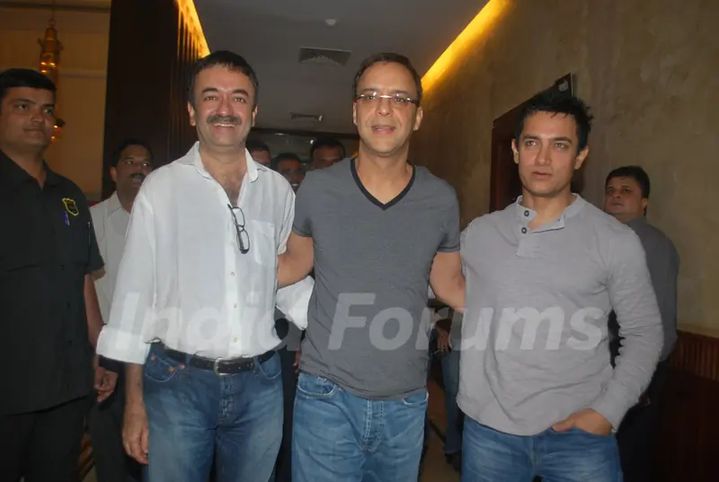 Producer Vidhu Vinod Chopra, Director Rajkumar Hirani and Aamir Khan were present at the first look of their movie "3 Idiots" held at Metro Big Cinemas in Mumbai