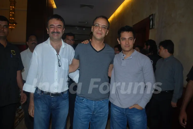 Producer Vidhu Vinod Chopra, Director Rajkumar Hirani and Aamir Khan were present at the first look of their movie &quot;3 Idiots&quot; held at Metro Big Cinemas in Mumbai