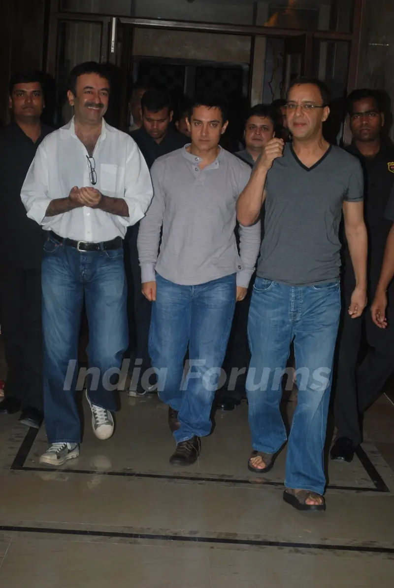 Producer Vidhu Vinod Chopra, Director Rajkumar Hirani and Aamir Khan were present at the first look of their movie "3 Idiots" held at Metro Big Cinemas in Mumbai