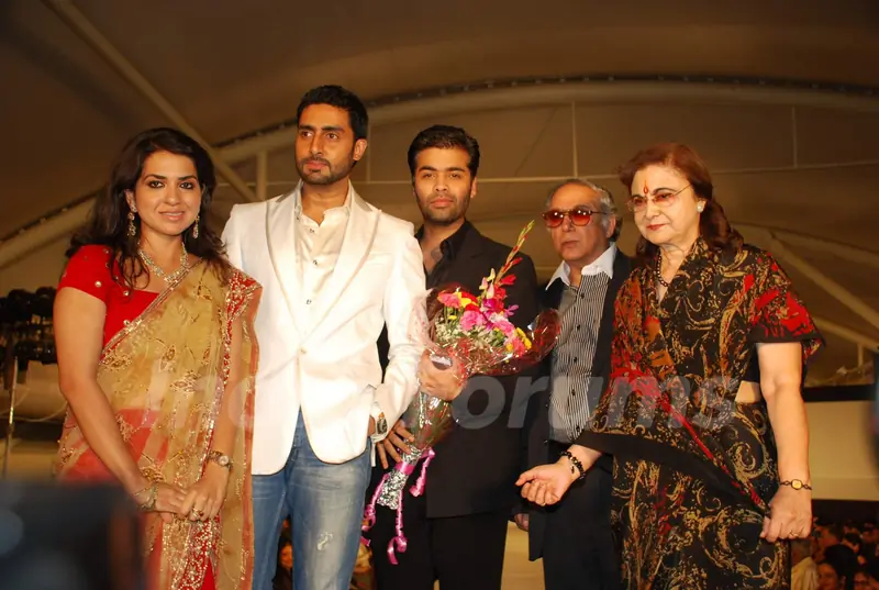 Abhishek, Karan Johar and Y K Sapru with wife at CPAA Shaina NC show presented by Pidilite at Lalit Hotel