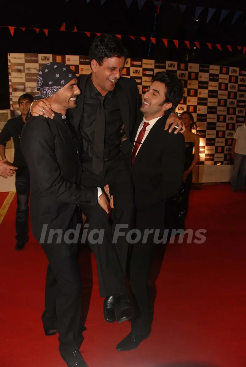 Arjun Rampal, Manoj Bajpai and Ranbir Kapoor at ''Raajneeti'' premiere at IMAX