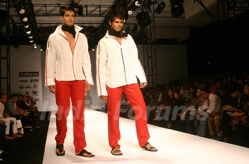 Models showcasing designer Wendell Rodricks''s creations at the Ven Heusen India Mens Week, in New Delhi
